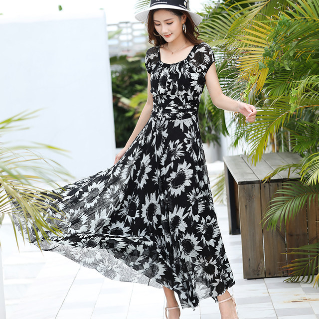 Ms. Mei ແມ່ຍິງໃຫມ່ Summer Style 2021 Round Neck Short Sleeve Chiffon Skirt Slim Fit Printed Midi Skirt Dress
