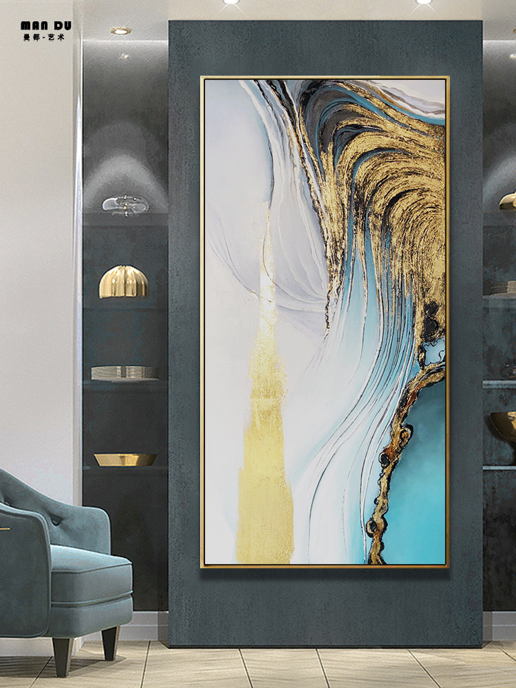 Original modern hand-painted abstract oil painting Entrance living room aisle Light luxury gold leaf decorative painting Vertical version of the atmosphere custom painting
