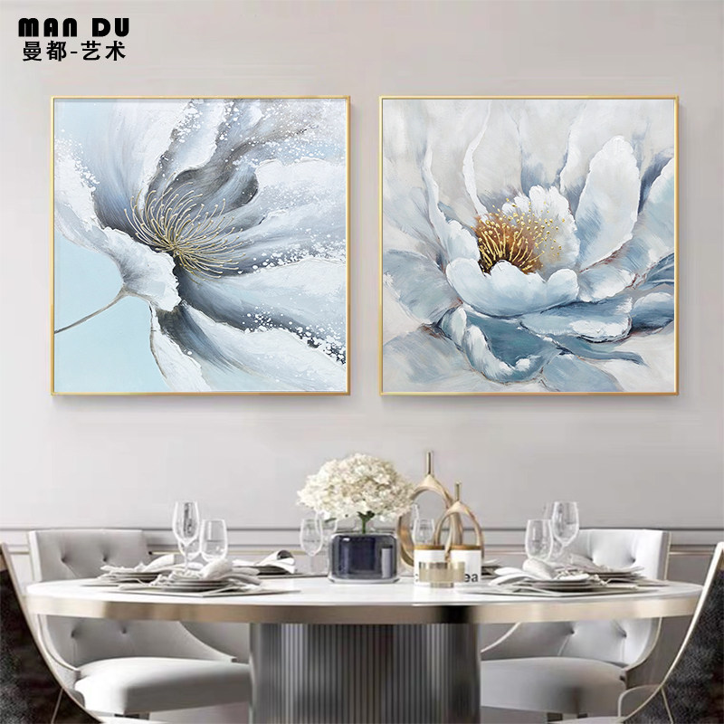 Nordic dining room Living room Pure hand-painted oil painting Modern light luxury flower decoration painting Entrance aisle American two-linked hanging painting
