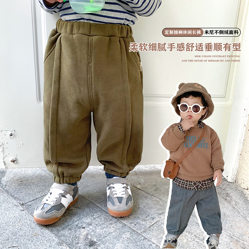 D autumn and winter children's composite velvet pants with feet and mouth, boys' casual trousers, thick pants