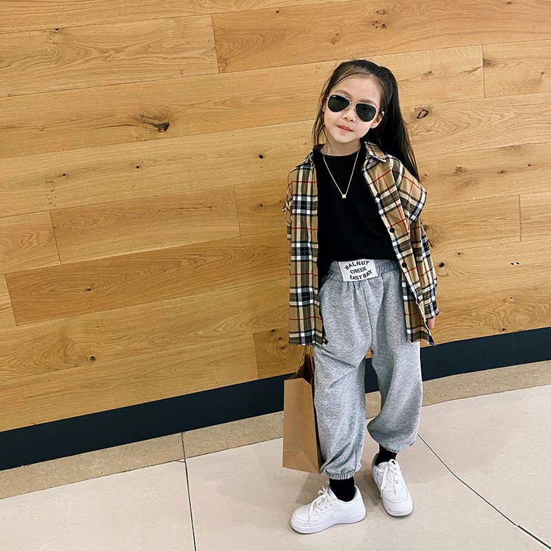 Plaid shirt girl big girl early autumn 2020 new outerwear all-match Korean version loose long-sleeved T-shirt shirt 2-piece set