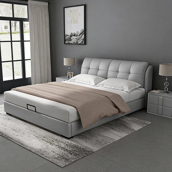 Итальянская минималистичная кожаная кровать в главной спальне, высококачественная атмосферная двуспальная кровать, 2025 новая мягкая упаковка для хранения, свадебная кровать из массива дерева