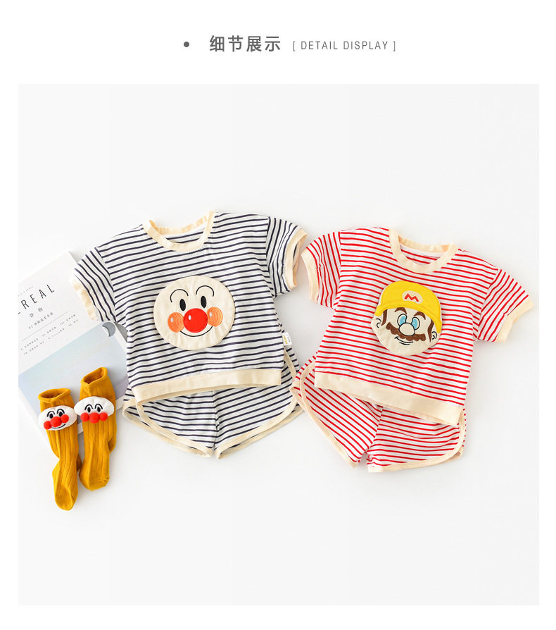 British next kid new male and female baby suit cartoon three-dimensional embroidery striped two-piece short-sleeved shorts tide