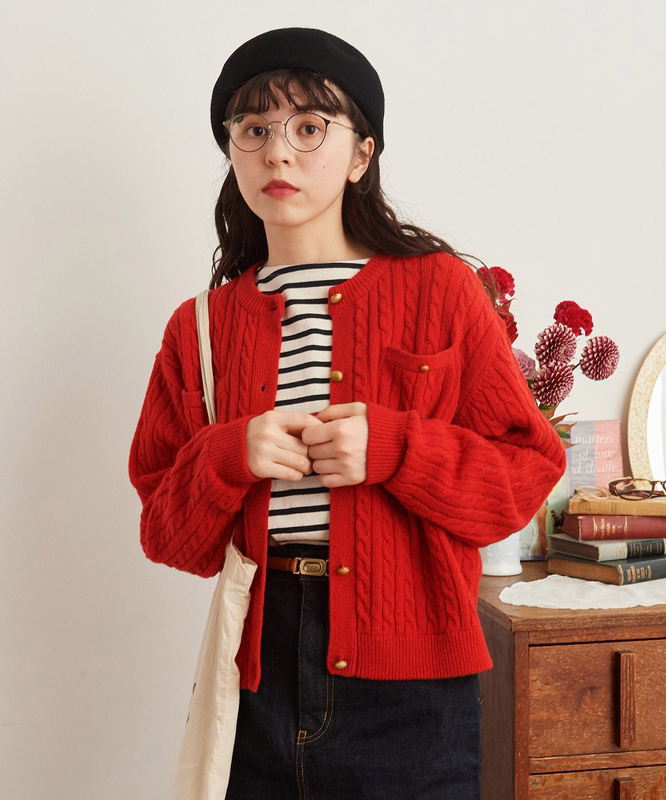 @Society C W Cable Knit Elegant Pocket Wool Cardigan