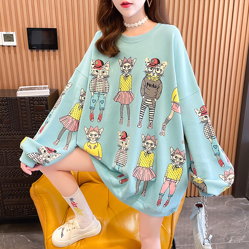 Maternity wear 2021 autumn Korean version loose cartoon thin round neck mid-length version large size women's long-sleeved thick cotton T-shirt