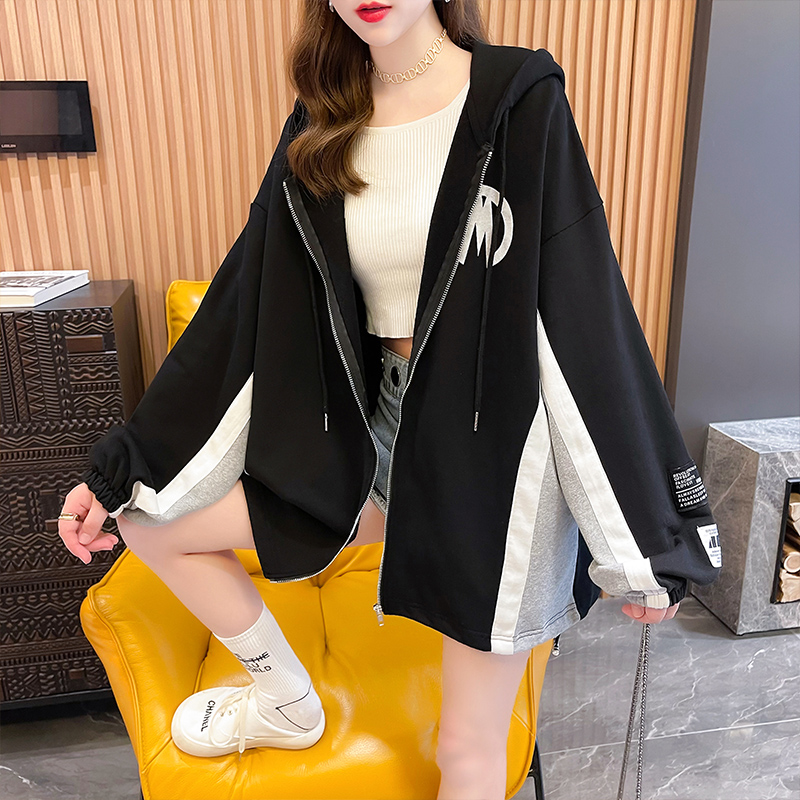 Pregnancy Woman Dress Fall Han Edition Loose casual printed letters Lianhood large size medium long version Rover cardiovert thick cotton T jacket