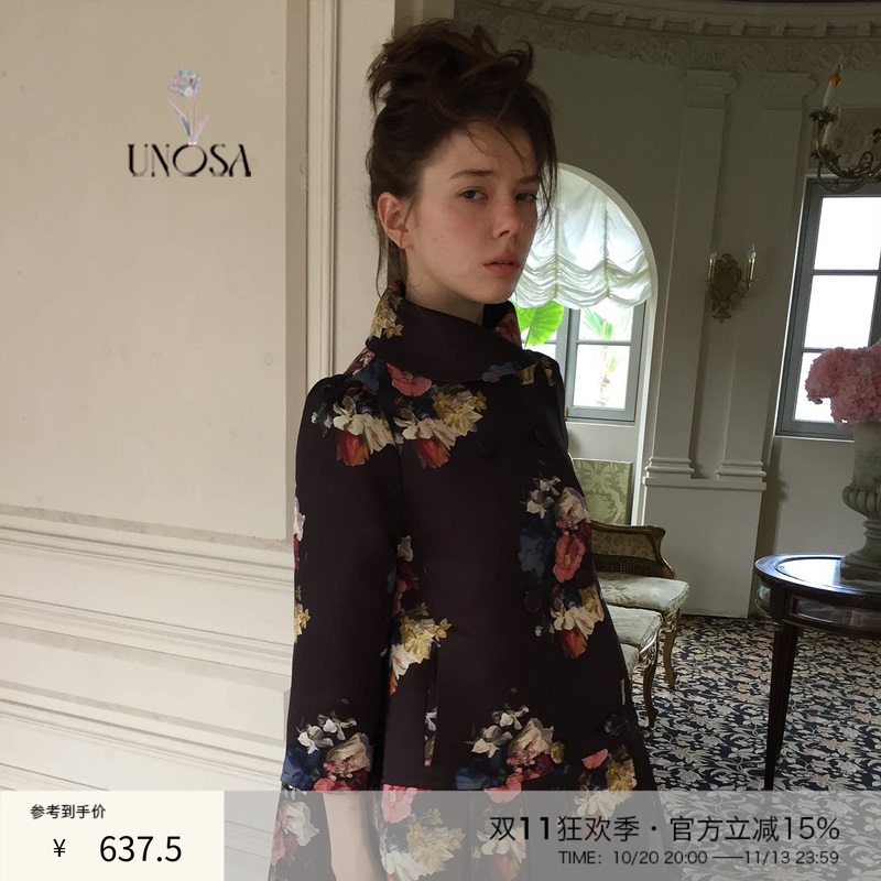 Unosa Oil Painting Print Double-Breasted Layered Collar Three-Quarter Sleeve Pleated Quilted Jacket
