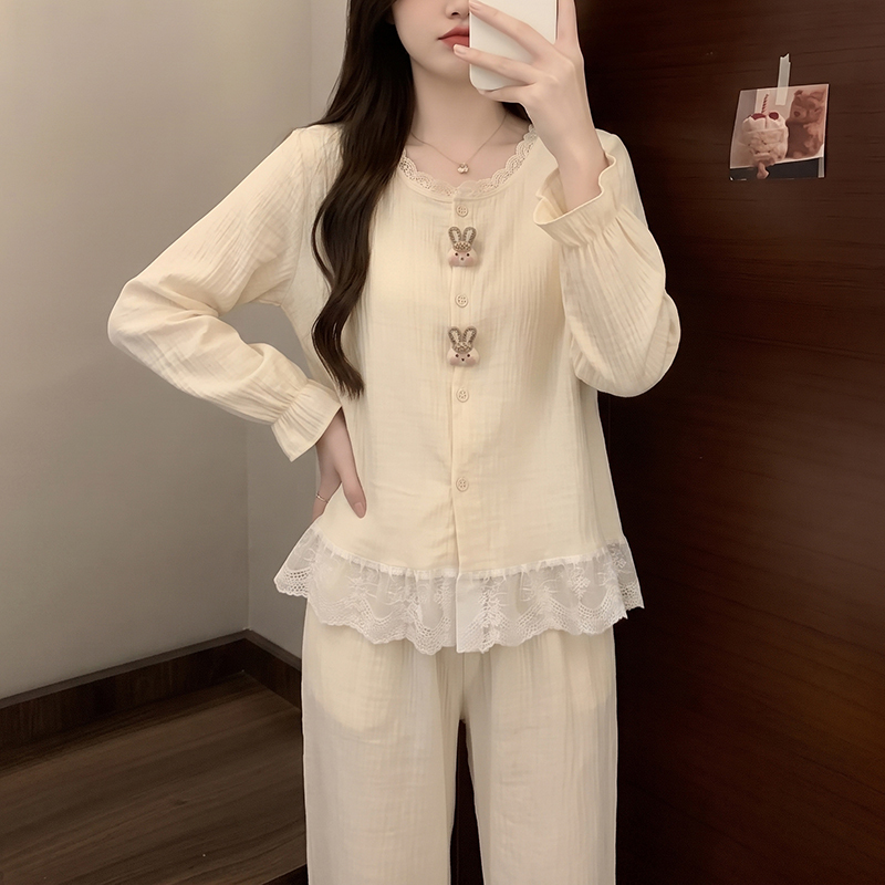 Spring and Autumn Long-Sleeved Pajamas for Women with Chest Pads 2026 New Apricot-Colored Rabbit Woven Cotton Can Be Worn Outside Home Wear Set