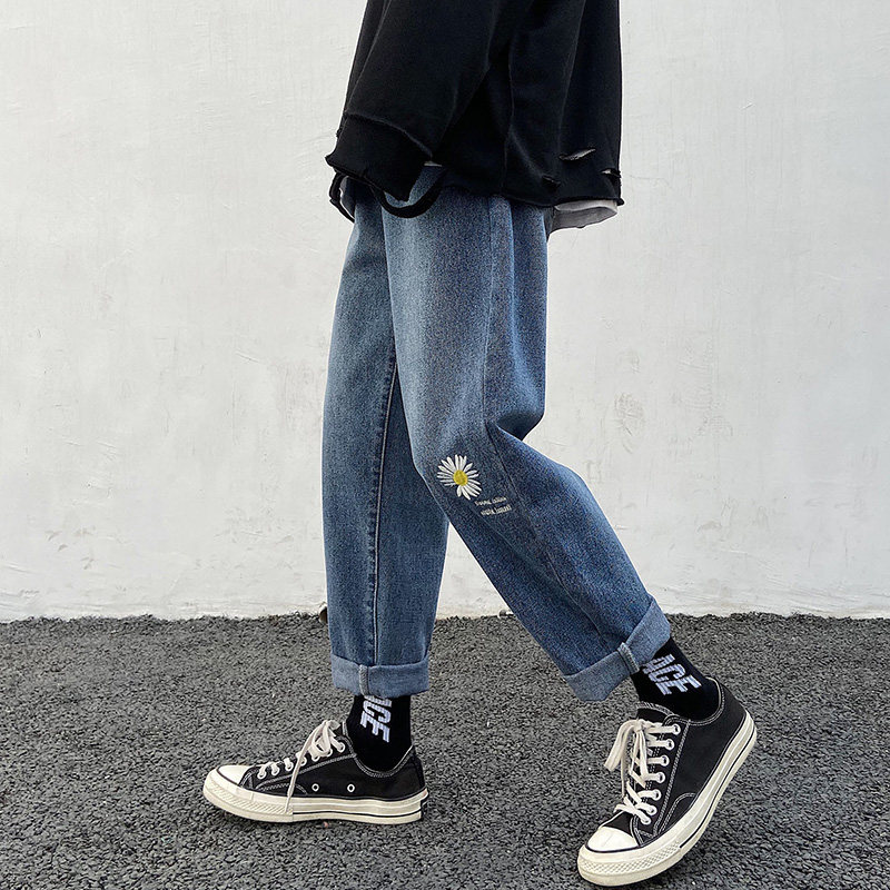 Nine-point jeans men's Korean version of the trend loose all-match summer light-colored thin section daisy straight casual wide pants in