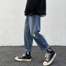 90% jeans Mens Korean version trendy loose 100 hitch a summer light color thin style Chrysanthemum Straight Barrel Casual Broadlegged Pants in
