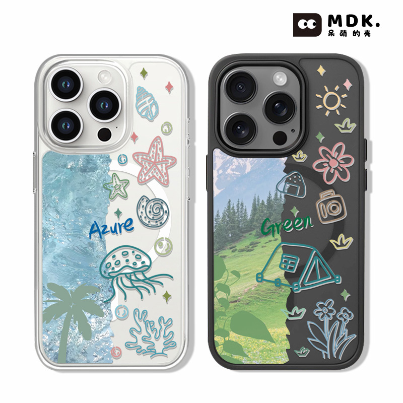 Summer Ocean World Is Suitable for iPhone 17 Pro Max, Apple 16 Couple Phone Case, Xiaomi 15 Pro, Grassland Snow Mountain 14 Magnetic 13 New Model Black Transparent 16 Pro with Camera Button