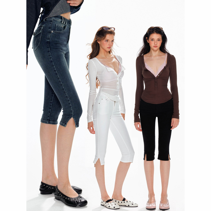 Tuttuto Slim-Fit Cropped Jeans with Low Waist and Slit, Casual Pants Tuttuto Slim-Fit Cropped Jeans with Low Waist and Slit, Casual Pants