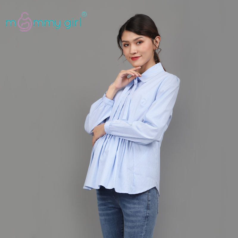 Pregnant woman pure cotton shirt with long sleeves collar tied to work shirt loose workplace blouse for belly spring and summer dolls-Taobao