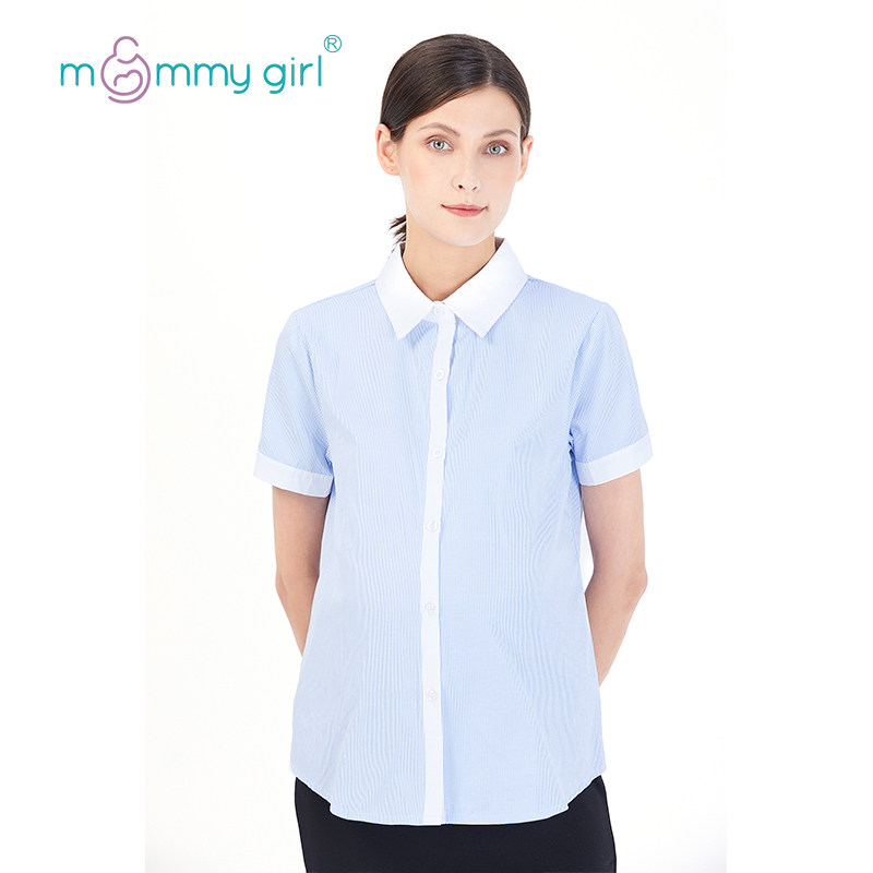 Pregnant Woman Career Shirt Tooling Blouse White Long Sleeve Shirt Short Blue Positive Dress Work Stripe Work Suit Summer
