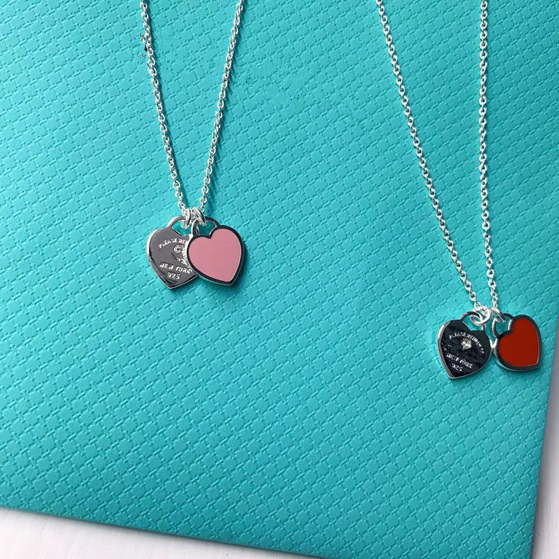 T home 2022 new 925 sterling silver blue heart pink heart double heart love diamond fashion premium necklace female