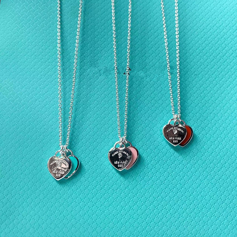 T home 2022 new 925 sterling silver blue heart pink heart double heart love diamond fashion premium necklace female