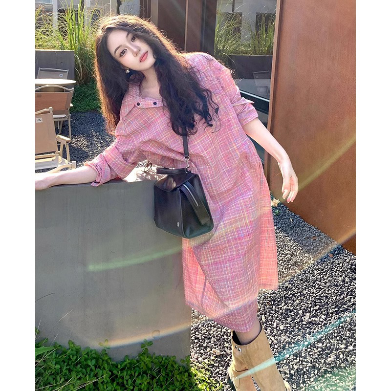 French Sweet Pink Shirt Dress for Women Autumn and Winter 2026 New Style High-End Elegant Mid-Length Plaid Skirt French Sweet Pink Shirt Dress for Women Autumn and Winter 2026 New Style High-End Elegant Mid-Length Plaid Skirt