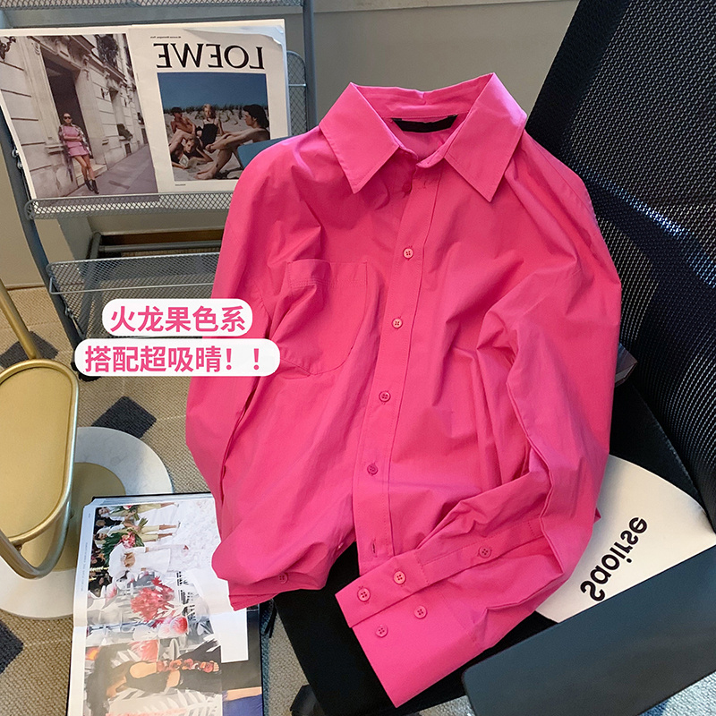Rose Red Hong Kong Style Shirt for Women, 2025 Autumn and Winter Design, Niche Top, Retro Long-Sleeved Loose Slimming Shirt