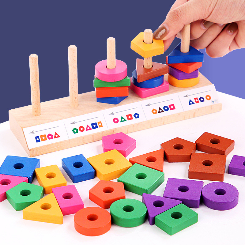 1-2-3 children's educational geometric shape five sets of pillars baby early education wooden paired sets of pillars splicing building blocks toys