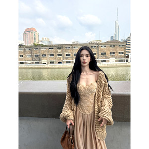 A Sweet Peach Yikett Dress Called "Autumn in Tuscany" Is a Slimming Waist-Cinching Spaghetti Strap Midi Dress for Women