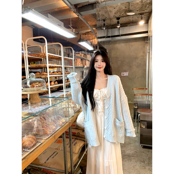 A sweet peach yikett <mifu baby blue> early autumn wear long-sleeved knitted cardigan women's short sweater