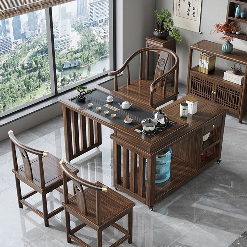 Solid Wood Rotating Tea Table and Chair Set for Balcony, Home Use, Mobile, Small Apartment, Tea Table, Coffee Table, Kettle Integrated, Foldable