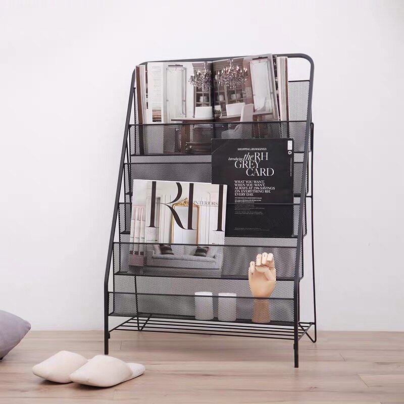 Book rack storage rack Nordic wrought iron ins magazine rack floor newspaper rack simple net red bookshelf creative