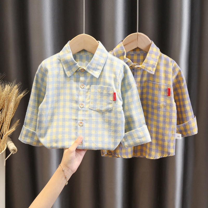 Boys long-sleeved shirt 2022 new baby children's plaid shirt dinosaur children's clothing baby Western style lapel shirt tide
