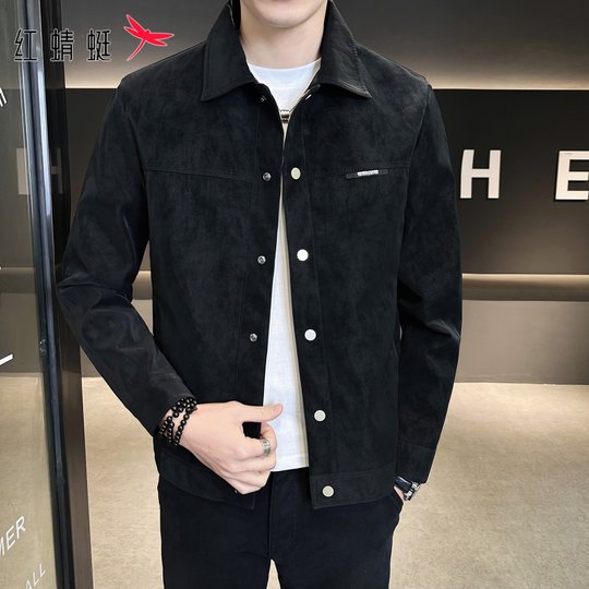 Red Dragonfly Jacket Men's Autumn New High-End Trendy Turn-Down Collar Top Suede Casual Coat Men's Fashion Winter
