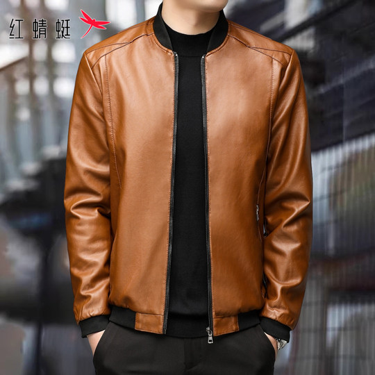 红蜻蜓皮衣男士2025年秋冬季新款机车皮夹克潮流加绒棒球领外套男