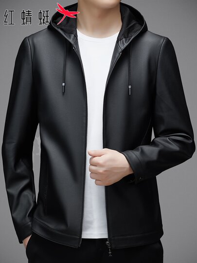 Red Dragonfly Hooded Leather Jacket for Men 2025 Autumn and Winter New Trendy Motorcycle Leather Jacket Casual Fleece-Lined Coat for Men