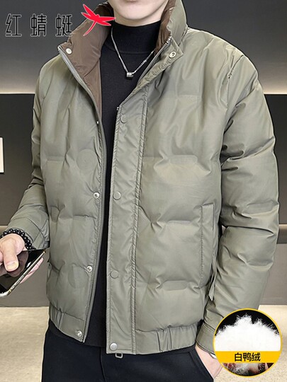 Red Dragonfly Stand-Up Collar down Jacket for Men, New Winter Casual Solid Color Warm Duck down Coat, Trendy Cold-Proof Outerwear for Men