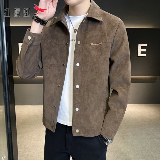 Red Dragonfly Jacket Men's Autumn New High-End Trendy Turn-Down Collar Top Suede Casual Coat Men's Fashion Winter