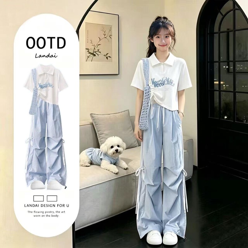 Summer Polo Shirt Short-Sleeve Top for Girls, Sweet and Lively High School Students, Slim-Fit Sweet Cool Cargo Pants Two-Piece Set Summer Polo Shirt Short-Sleeve Top for Girls, Sweet and Lively High School Students, Slim-Fit Sweet Cool Cargo Pants Two-Piece Set