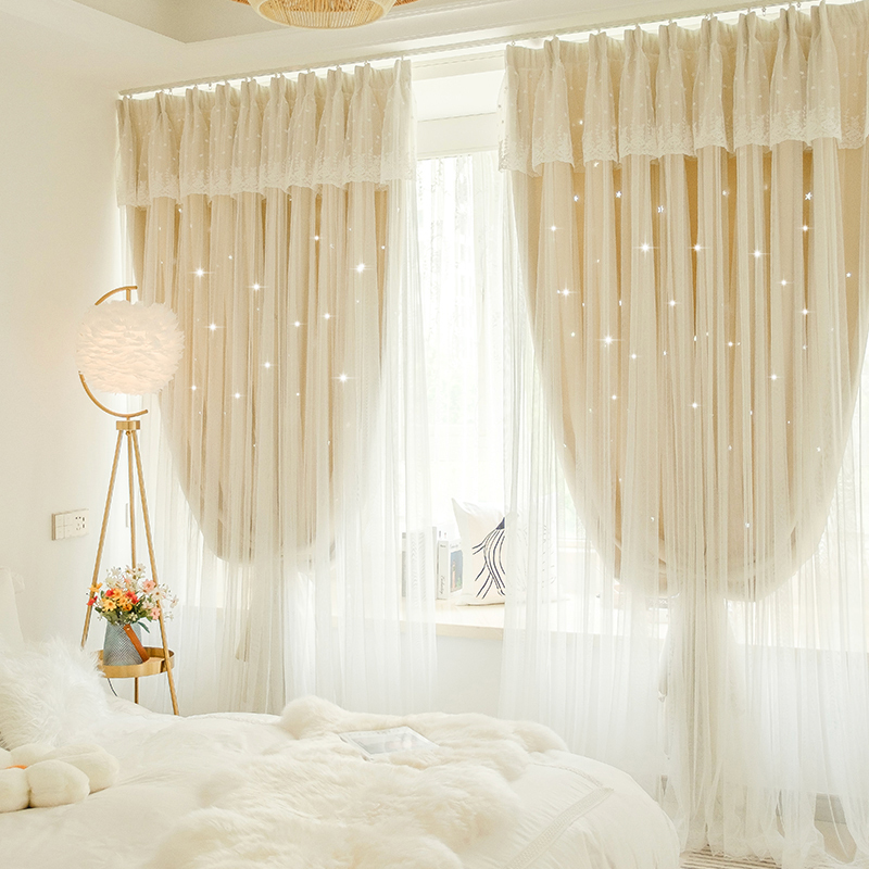 Curtains 2026 New Model Hollow Star Internet-Famous Starry Sky Fabric Bay Window Girls' Bedroom Princess Style Double-Layer with Sheer Blackout