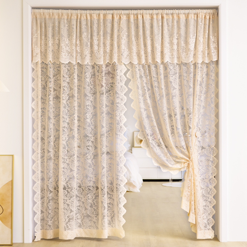 French-Style Light Luxury Milk Tea-Colored Lace Sheer Curtains, No-Drill Magic Tape Bedroom Bay Window High-End Partition Door Curtain