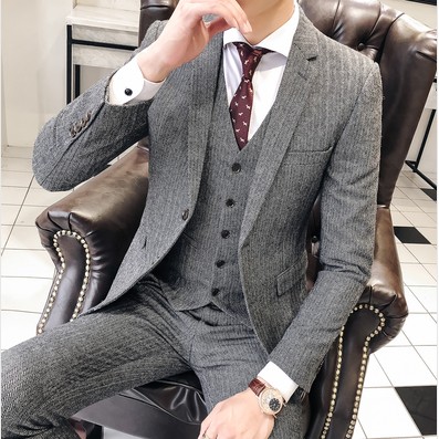 Suit suit male Korean slim fit vintage wool casual suit Groom wedding suit Autumn and winter dress business