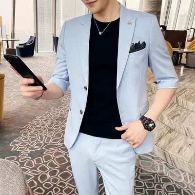 Spring and summer new three-point sleeve men's suit slim mid-sleeve suit two-piece small suit jacket nine-point pants