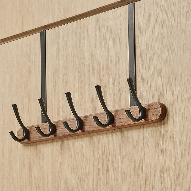 Walnut Wood Door Hook for Hanging Clothes, No-Drill Wall-Mounted Coat Rack for Bathroom, Toilet, and Entryway