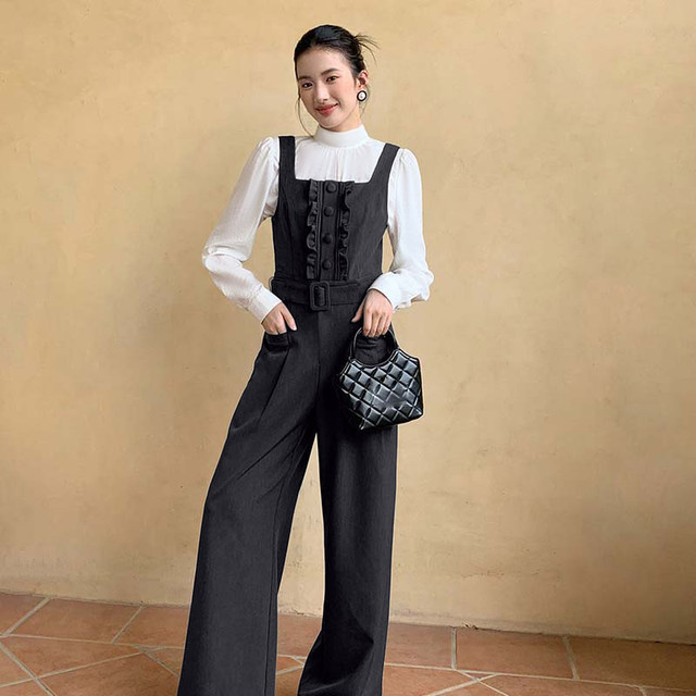 2026 spring new women's French retro fungus lace waist jumpsuit fake two-piece jumpsuit D4692