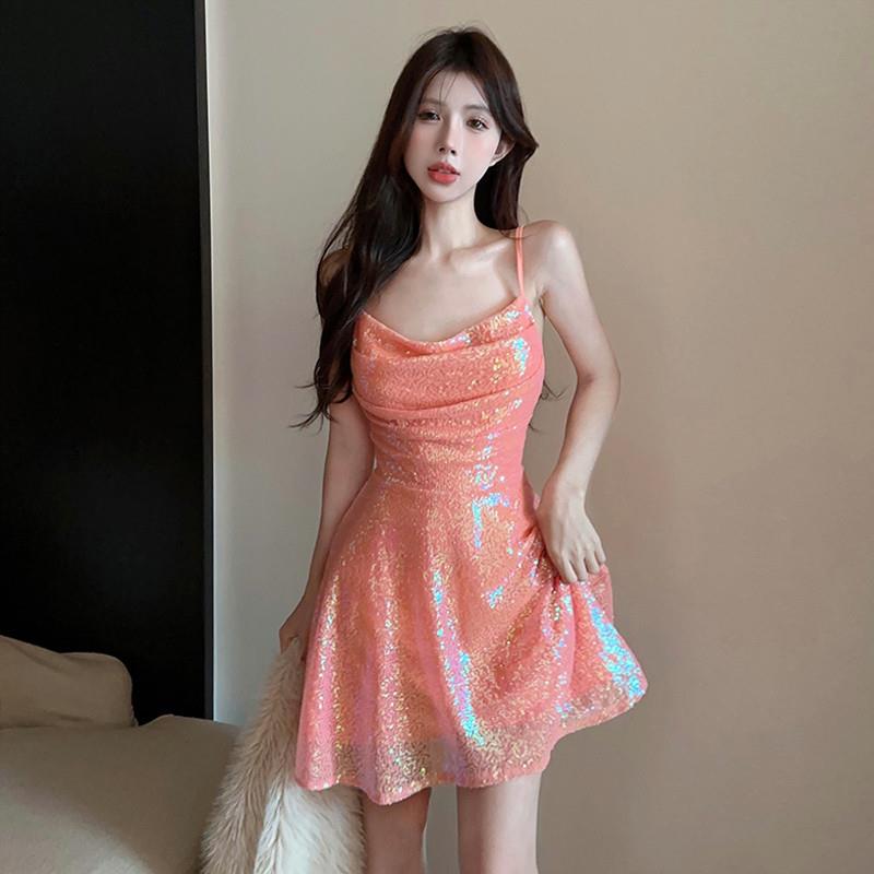 Luxurious Sequined High-End Sexy Mermaid-Style Spaghetti Strap Dress with a Princess Vibe, Backless Tie-Up Design, and Slimming A-Line Silhouette