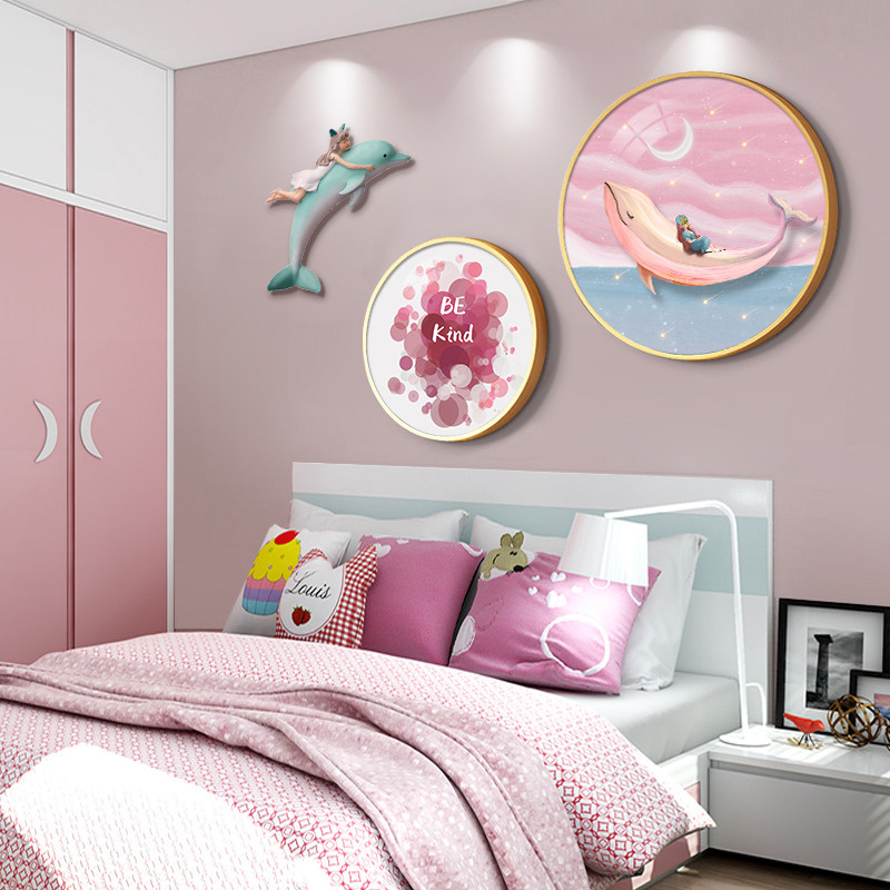 Creative Nordic children's room bedside decoration painting round hanging painting dolphin girl room wall mural
