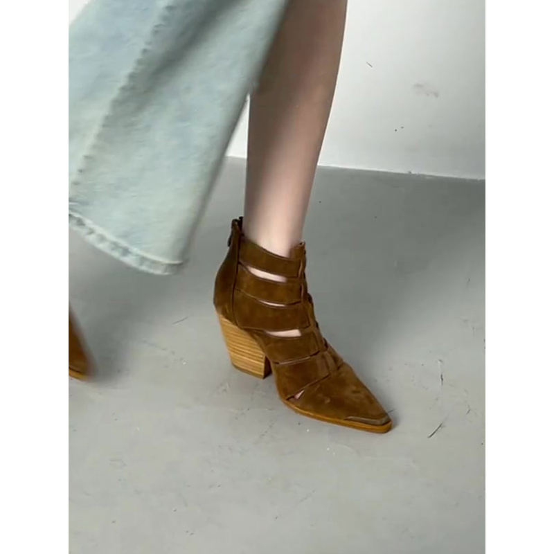 Retro Style Pointed Toe Chunky Heel Sandals for Women, Genuine Leather Hollow-Out Design, Maillard Style, Back Zipper, Western Cowboy Style High-Heeled Women's Sandals