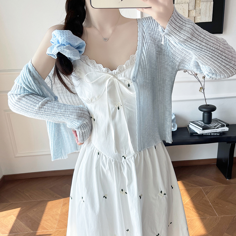 Summer Embroidered White Spaghetti Strap Dress for Women, High-End Style, Petite Temperament, Long Dress with Sun Protection Cardigan Set