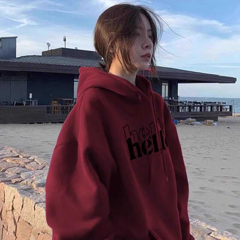 Burgundy Japanese-Style Lazy Style Hooded Sweatshirt for Men and Women, Autumn and Winter, Fleece-Lined, Thick, Loose-Fitting, Plus-Size Couple's Jacket Top Burgundy Japanese-Style Lazy Style Hooded Sweatshirt for Men and Women, Autumn and Winter, Fleece-Lined, Thick, Loose-Fitting, Plus-Size Couple's Jacket Top
