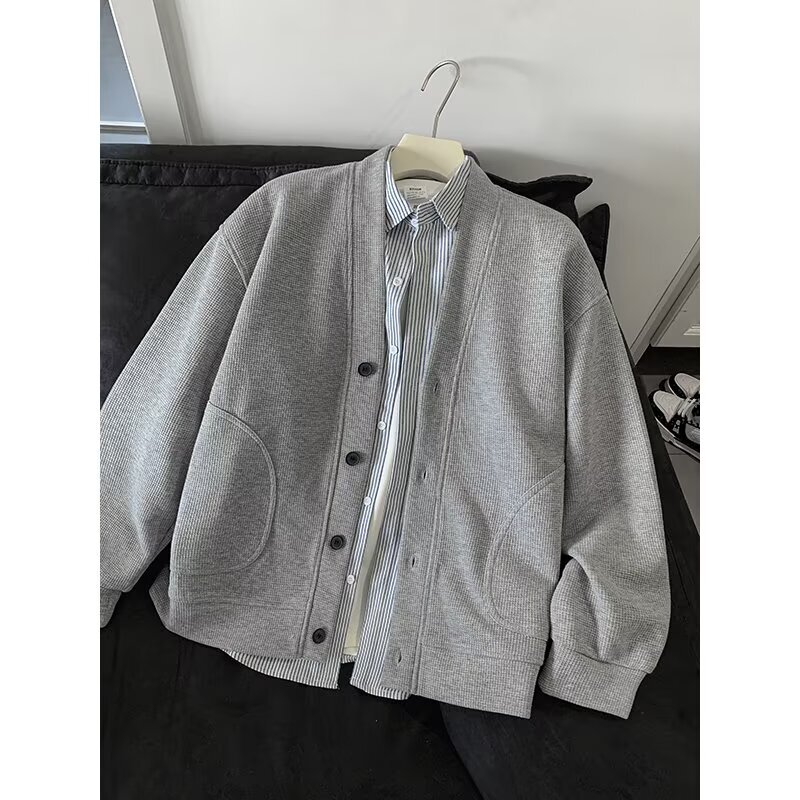 Spring Gray Knitted Cardigan Sweatshirt for Men, Lazy Style Loose Jacket, Casual V-Neck Wang Anyu Outfit Jacket