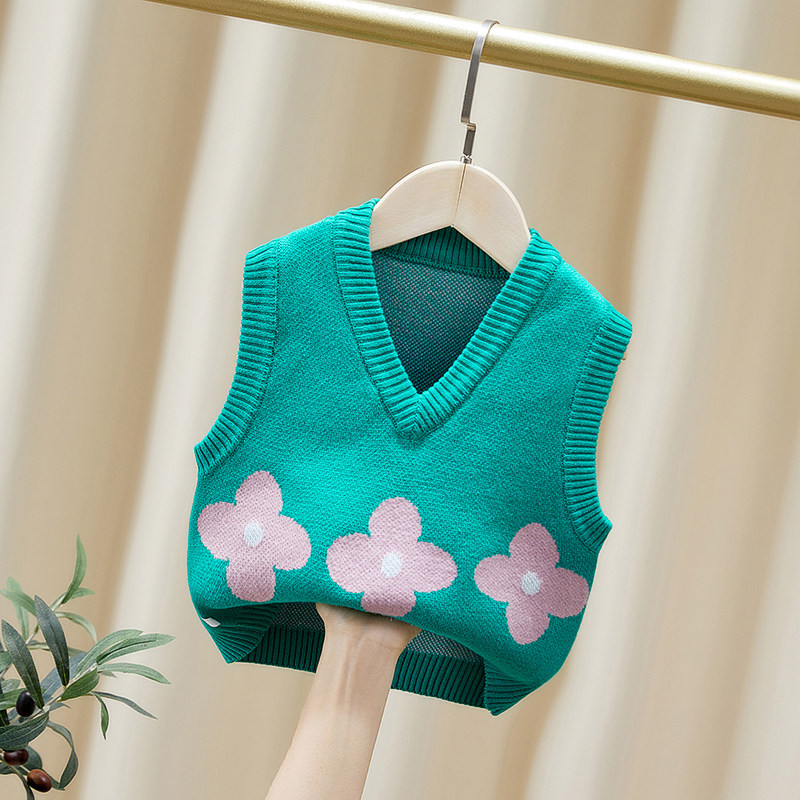 Girls knitted vest spring and autumn 2022 new children's pullover green outer wear autumn girl baby sweater vest