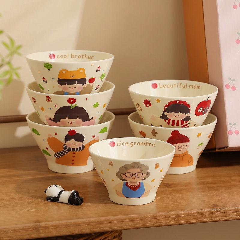 Family Time: Rice Bowls for a Family of Three or Four, 2026 New Model Ceramic Bowls, Children's Conical Bowls, Personal Use
