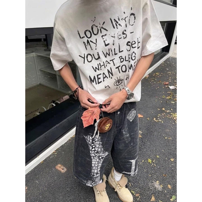 Y2K Niche Bone Print Denim Cropped Pants Vintage Washed Wide-Leg Mid-Length Pants American Street Casual Unisex Pants