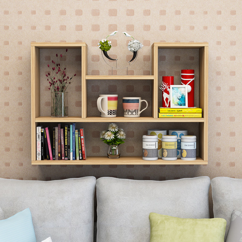 Solid wood wall shelf free punching wall-mounted bookshelf simple creative lattice storage cabinet living room decorative partition